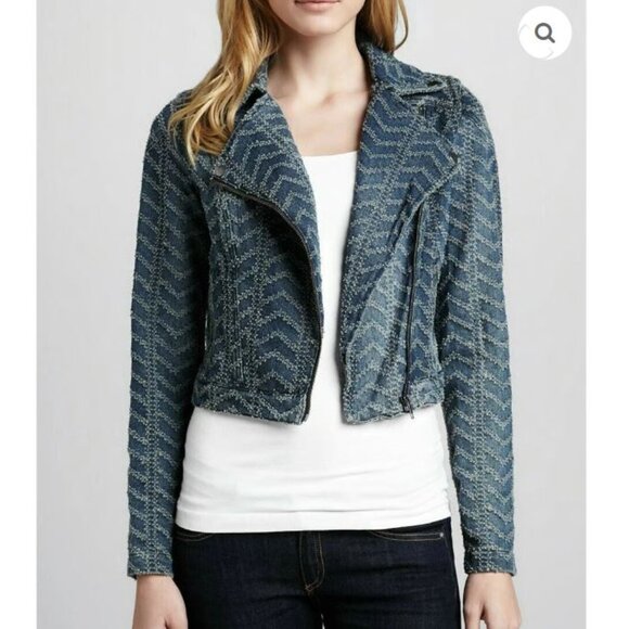 Free People || Punched Denim Herringbone Biker Jacket - Picture 3 of 11